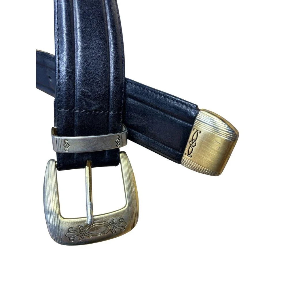 Vintage 1990 Brighton Black Raised Ridge Leather Belt Size 28 Ornate Gold Buckle